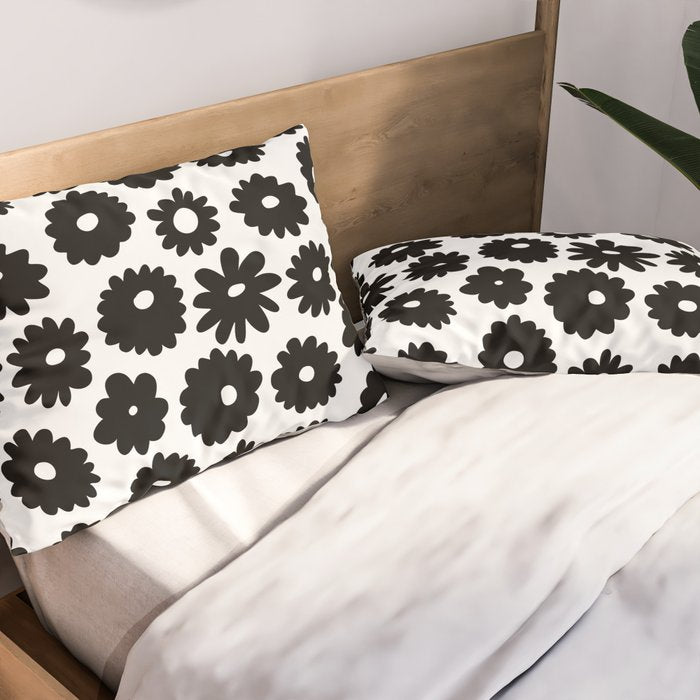 Black and white retro flower art pattern Pillow Sham Gallery Image 2