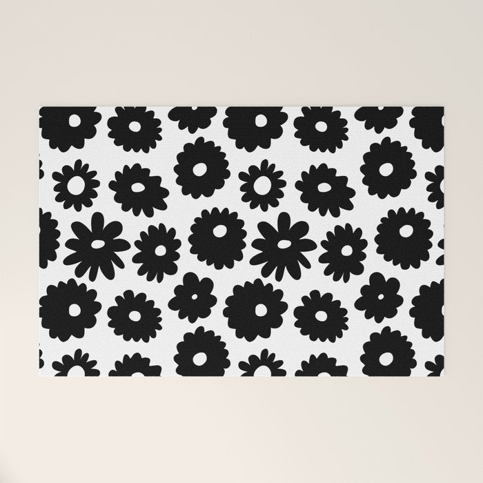 Black and white retro flower art pattern Welcome Mat Gallery Image 1