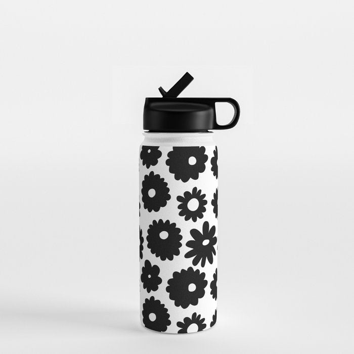 Black and white retro flower art pattern Water Bottle Gallery Image 1