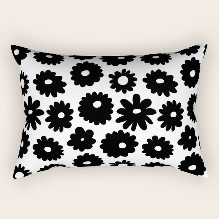Black and white retro flower art pattern Rectangular Pillow Gallery Image 2