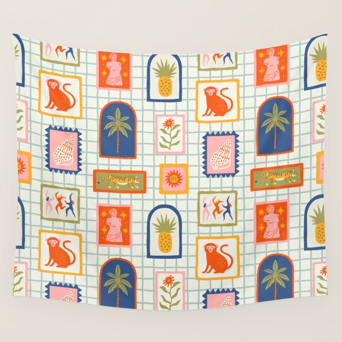 Vintage tropical summer patchwork art pattern Wall Tapestry Gallery Image 4