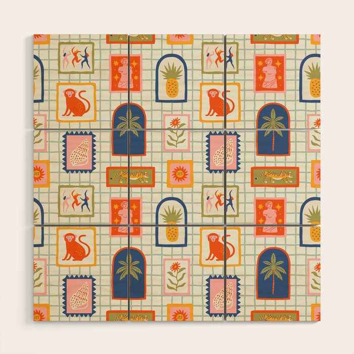Vintage tropical summer patchwork art pattern Wood Wall Art Gallery Image 1