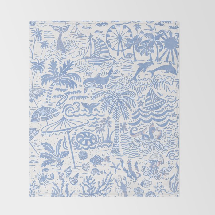 Coastal Daydreams Hand-Drawn Ocean Collage Pattern Throw Blanket Gallery Image 2