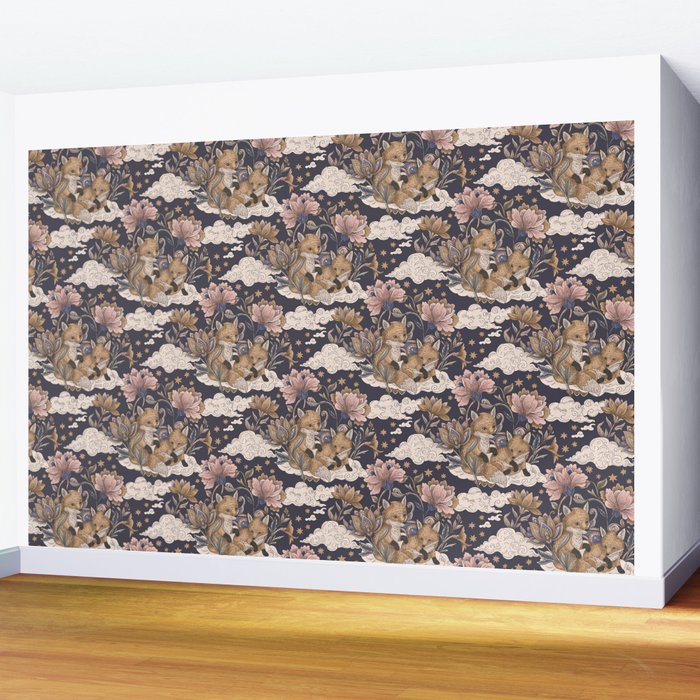 Fox Cubs in Moonlit Garden Wall Mural Gallery Image 2