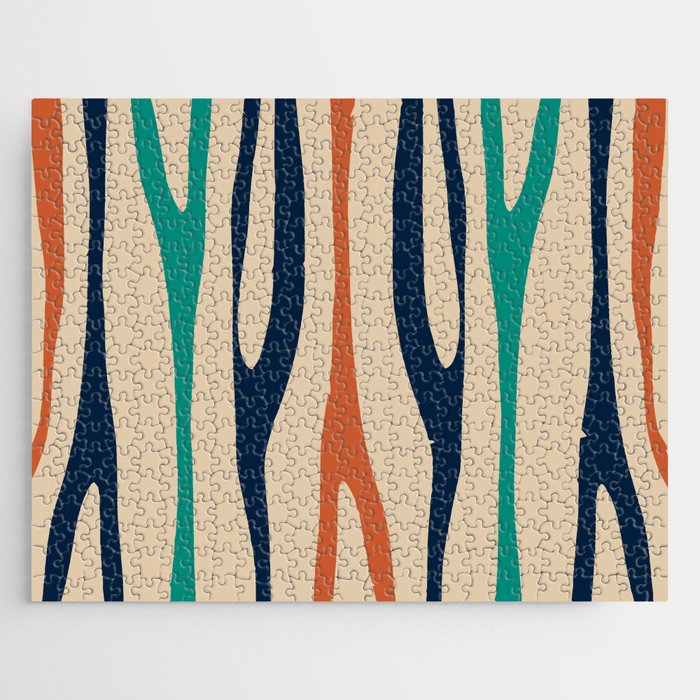 Mid Century Modern Wild Stripes Minimal Abstract Pattern Teal Navy Blue Burnt Orange Jigsaw Puzzle Gallery Image 1
