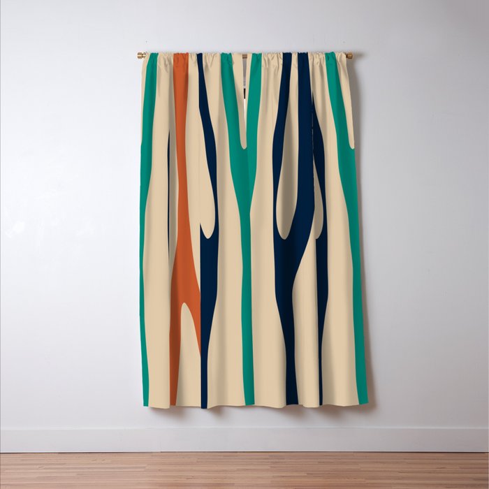 Mid Century Modern Wild Stripes Minimal Abstract Pattern Teal Navy Blue Burnt Orange Window Curtain Gallery Image 3