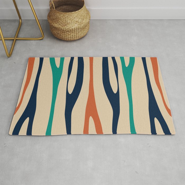 Mid Century Modern Wild Stripes Minimal Abstract Pattern Teal Navy Blue Burnt Orange Rug Gallery Image 1