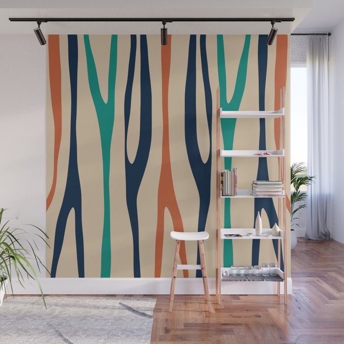 Mid Century Modern Wild Stripes Minimal Abstract Pattern Teal Navy Blue Burnt Orange Wall Mural Gallery Image 1