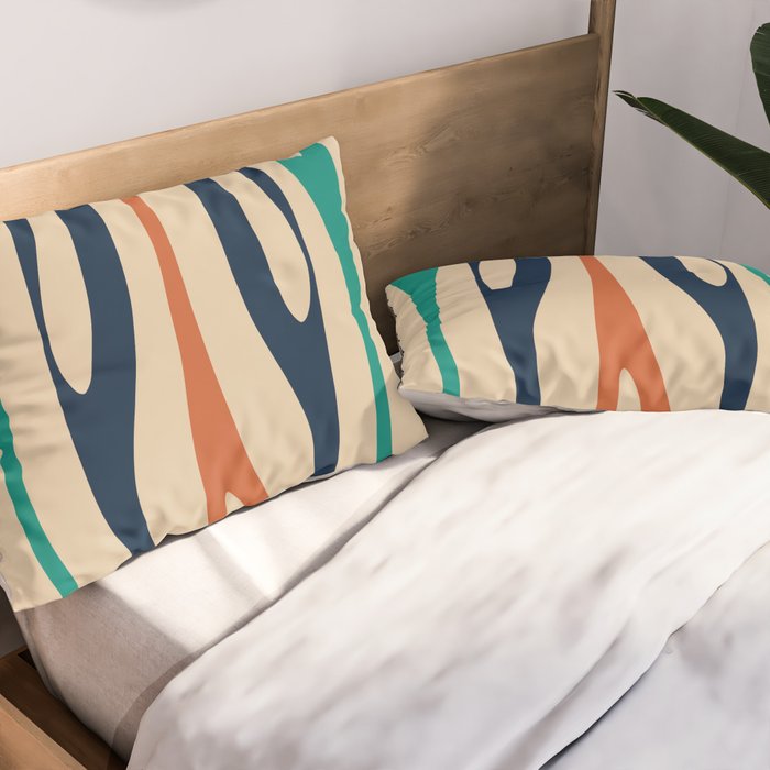 Mid Century Modern Wild Stripes Minimal Abstract Pattern Teal Navy Blue Burnt Orange Pillow Sham Gallery Image 2