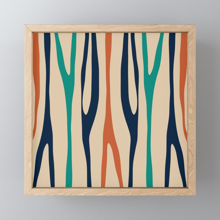 Mid Century Modern Wild Stripes Minimal Abstract Pattern Teal Navy Blue Burnt Orange Mini Art Print Gallery Image 1