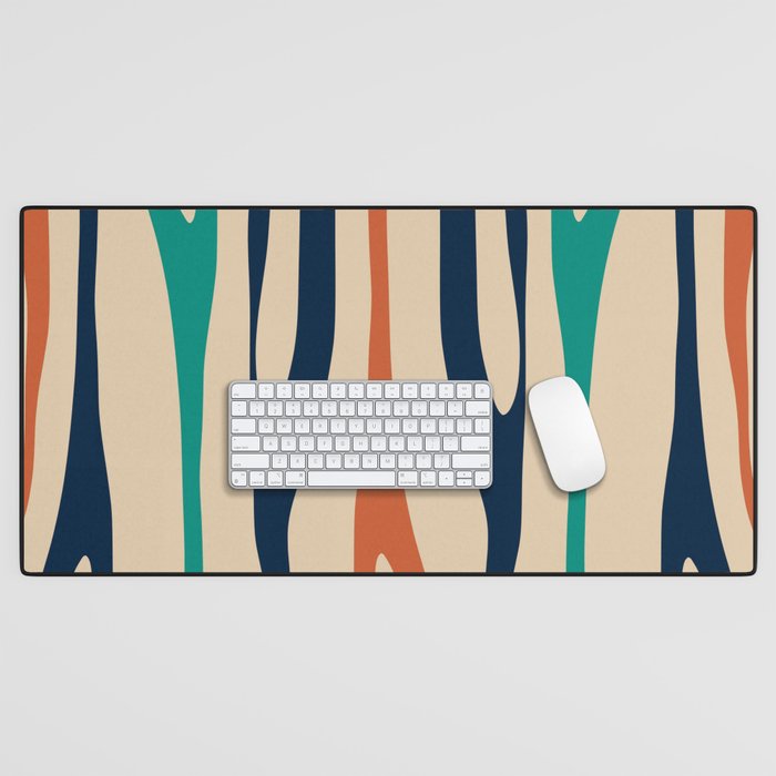 Mid Century Modern Wild Stripes Minimal Abstract Pattern Teal Navy Blue Burnt Orange Desk Mat Gallery Image 1