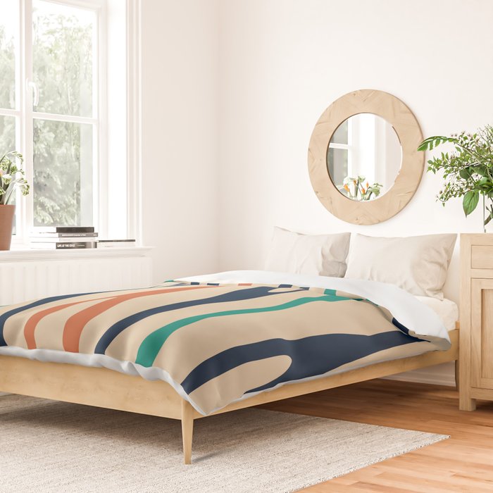 Mid Century Modern Wild Stripes Minimal Abstract Pattern Teal Navy Blue Burnt Orange Duvet Cover Gallery Image 2