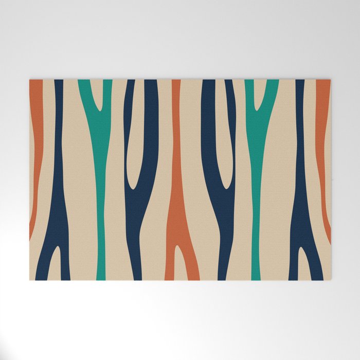 Mid Century Modern Wild Stripes Minimal Abstract Pattern Teal Navy Blue Burnt Orange Welcome Mat Gallery Image 1