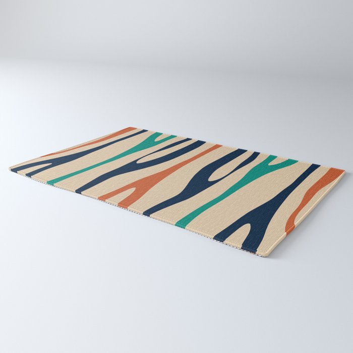 Mid Century Modern Wild Stripes Minimal Abstract Pattern Teal Navy Blue Burnt Orange Rug Gallery Image 3
