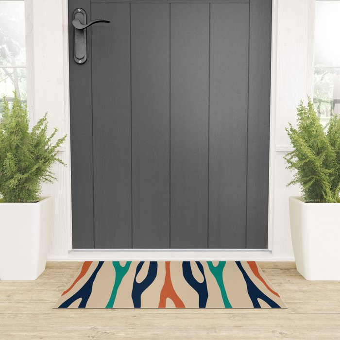 Mid Century Modern Wild Stripes Minimal Abstract Pattern Teal Navy Blue Burnt Orange Welcome Mat Gallery Image 3