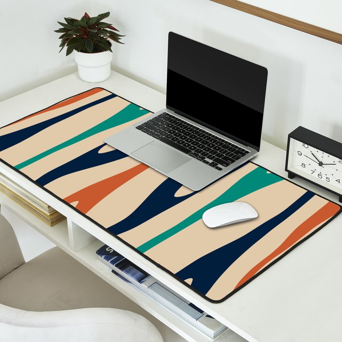 Mid Century Modern Wild Stripes Minimal Abstract Pattern Teal Navy Blue Burnt Orange Desk Mat Gallery Image 2
