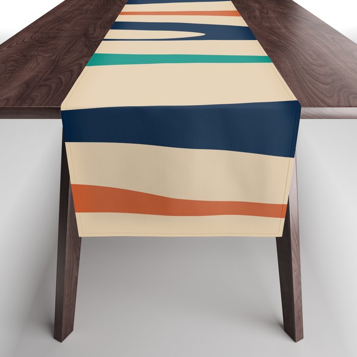 Mid Century Modern Wild Stripes Minimal Abstract Pattern Teal Navy Blue Burnt Orange Table Runner Gallery Image 1
