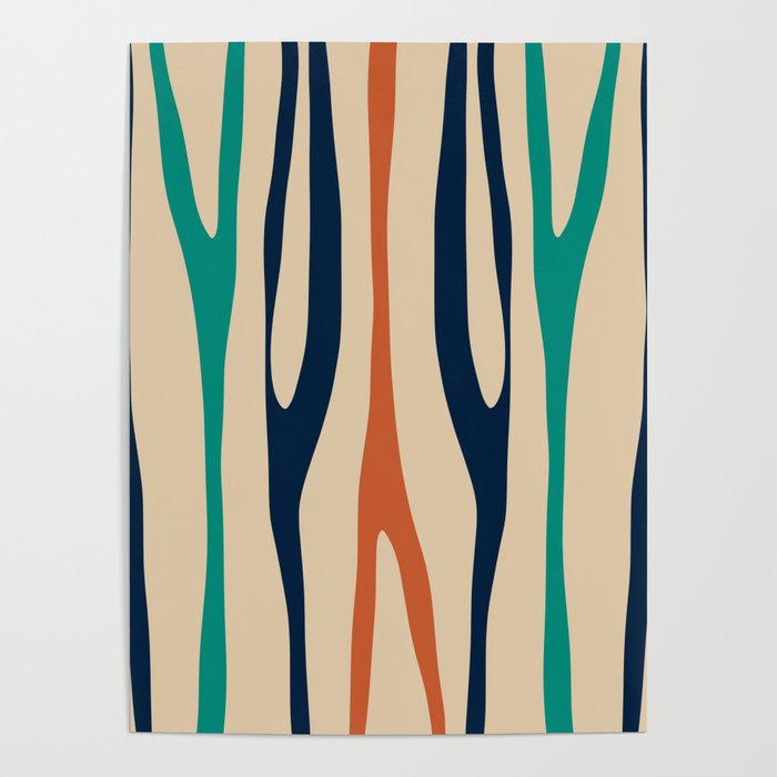 Mid Century Modern Wild Stripes Minimal Abstract Pattern Teal Navy Blue Burnt Orange Poster Gallery Image 4