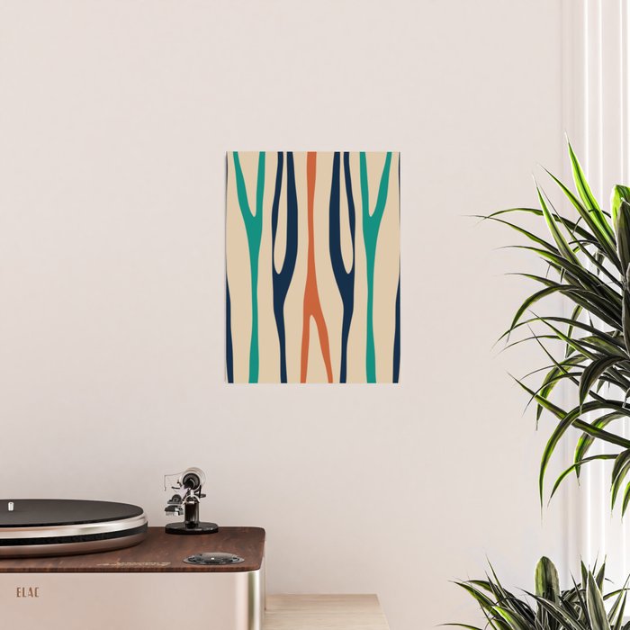 Mid Century Modern Wild Stripes Minimal Abstract Pattern Teal Navy Blue Burnt Orange Poster Gallery Image 2