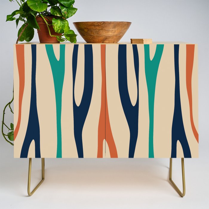 Mid Century Modern Wild Stripes Minimal Abstract Pattern Teal Navy Blue Burnt Orange Credenza Gallery Image 1