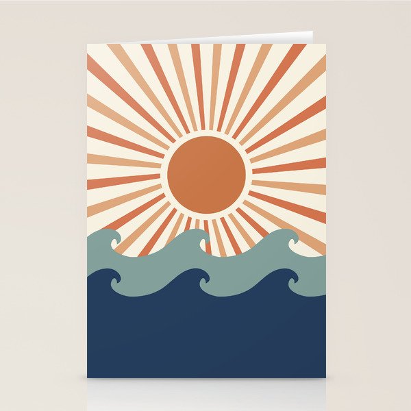 Retro, Sun and Wave Art, Blue and Orange Stationery Card Gallery Image 1