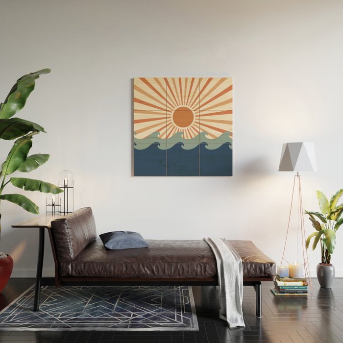 Retro, Sun and Wave Art, Blue and Orange Wood Wall Art Gallery Image 2