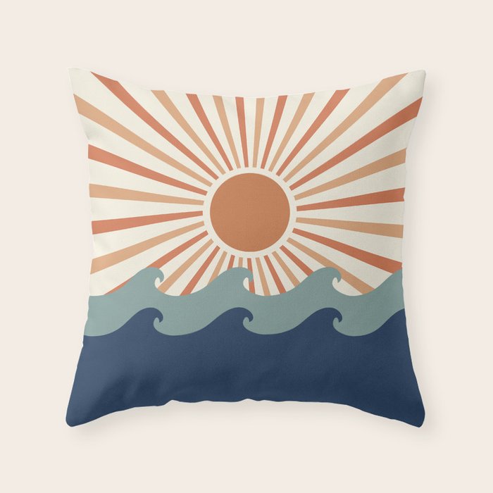 Retro, Sun and Wave Art, Blue and Orange Throw Pillow Gallery Image 6