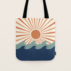 Retro, Sun and Wave Art, Blue and Orange Tote Bag Gallery Image 1