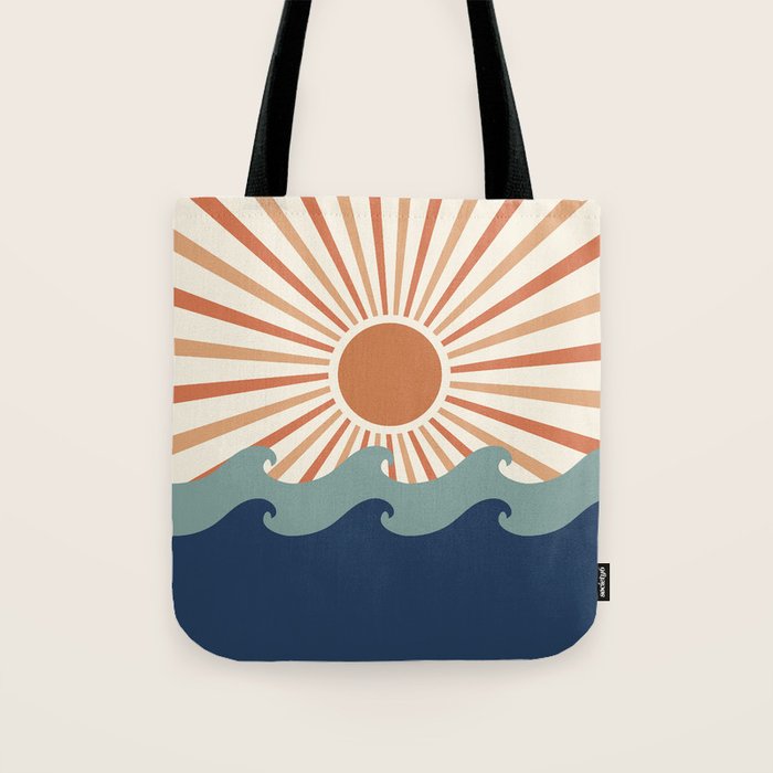 Retro, Sun and Wave Art, Blue and Orange Tote Bag Gallery Image 1