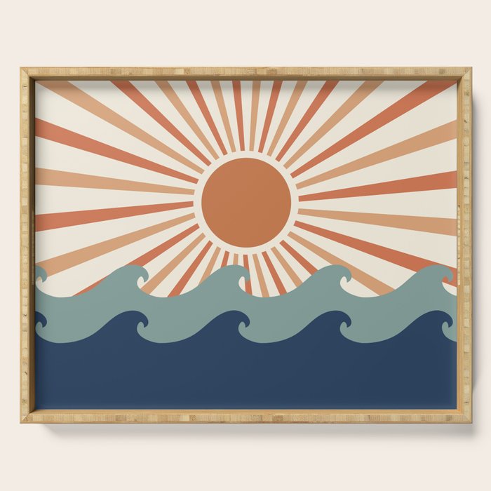 Retro, Sun and Wave Art, Blue and Orange Serving Tray Gallery Image 1