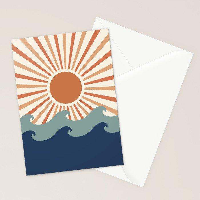 Retro, Sun and Wave Art, Blue and Orange Stationery Card Gallery Image 2