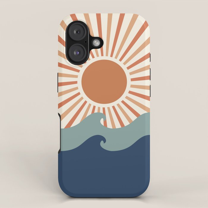 Retro, Sun and Wave Art, Blue and Orange iPhone Case Gallery Image 1