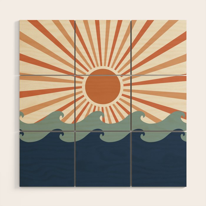 Retro, Sun and Wave Art, Blue and Orange Wood Wall Art Gallery Image 1