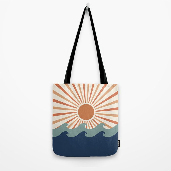 Retro, Sun and Wave Art, Blue and Orange Tote Bag Gallery Image 2