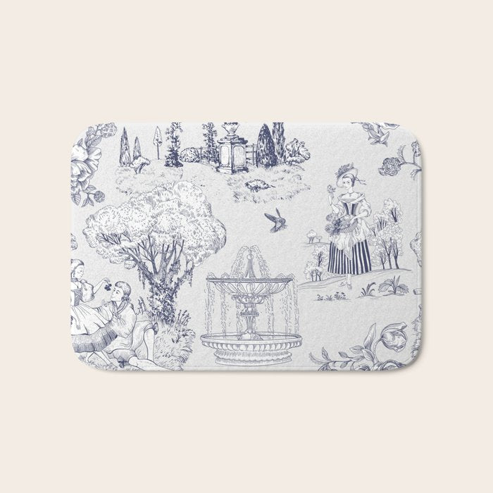 Toile de Jouy Modern Vintage French Lovers Blue & White Art Print Bath Mat Gallery Image 1