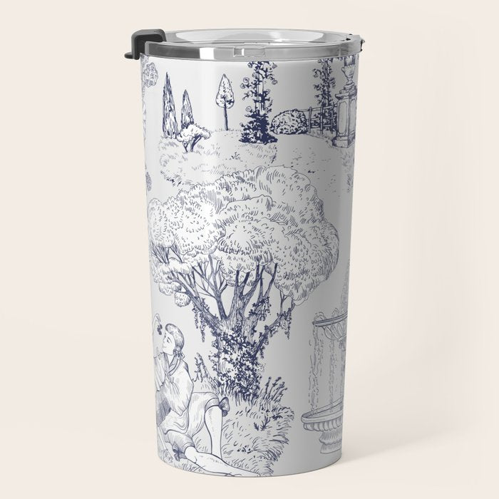 Toile de Jouy Modern Vintage French Lovers Blue & White Art Print Travel Mug Gallery Image 3
