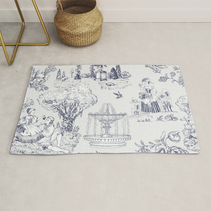 Toile de Jouy Modern Vintage French Lovers Blue & White Art Print Rug Gallery Image 1