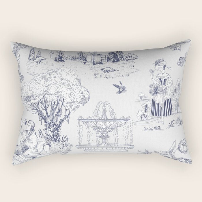 Toile de Jouy Modern Vintage French Lovers Blue & White Art Print Rectangular Pillow Gallery Image 1