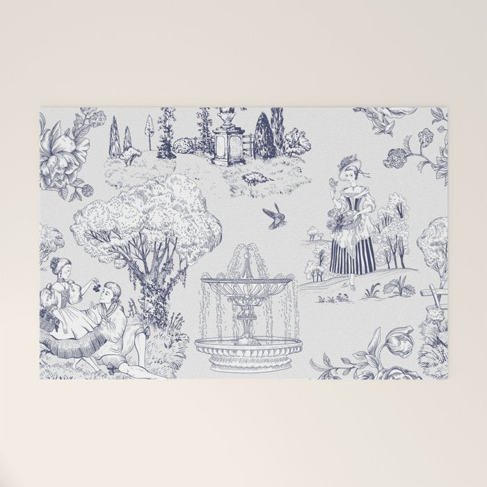 Toile de Jouy Modern Vintage French Lovers Blue & White Art Print Welcome Mat Gallery Image 1