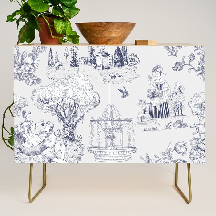 Toile de Jouy Modern Vintage French Lovers Blue & White Art Print Credenza Gallery Image 1