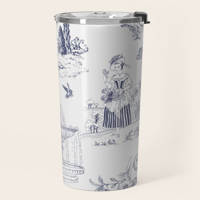 Toile de Jouy Modern Vintage French Lovers Blue & White Art Print Travel Mug Gallery Image 2