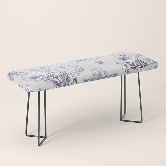 Toile de Jouy Modern Vintage French Lovers Blue & White Art Print Bench Gallery Image 1