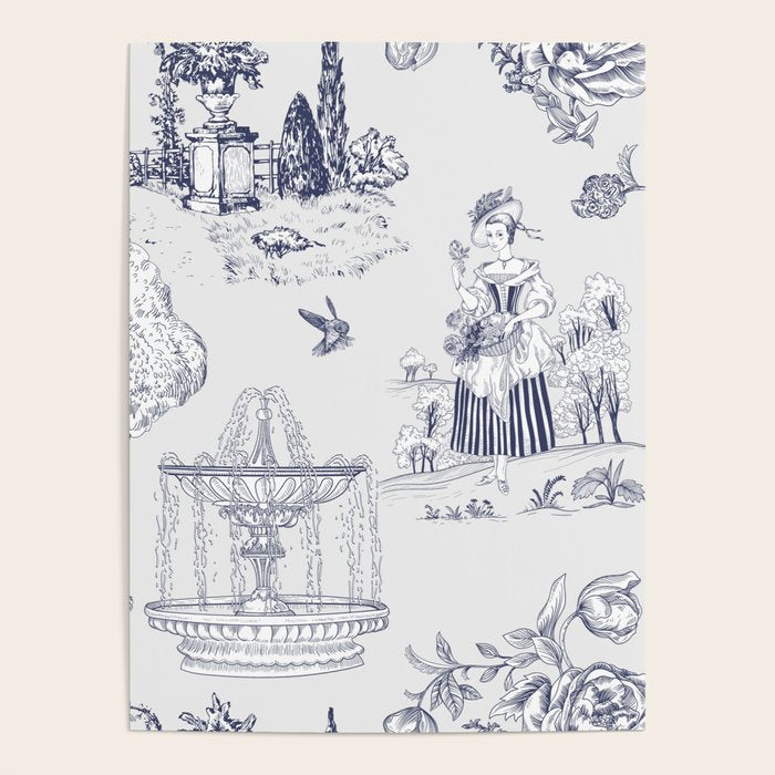 Toile de Jouy Modern Vintage French Lovers Blue & White Art Print Poster Gallery Image 1