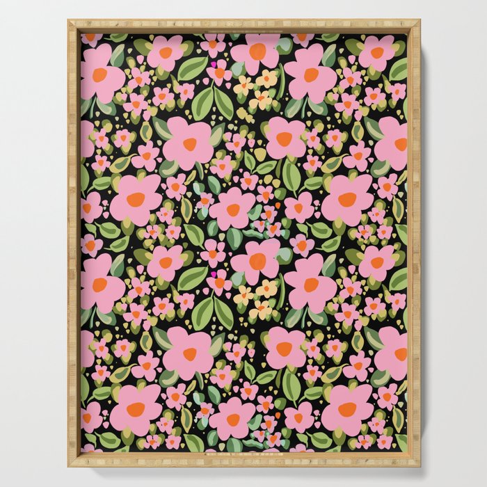 Retro vintage pink daisies pattern  Serving Tray Gallery Image 1