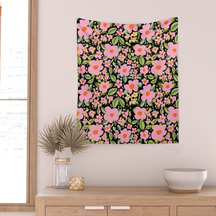 Retro vintage pink daisies pattern  Wall Tapestry Gallery Image 2