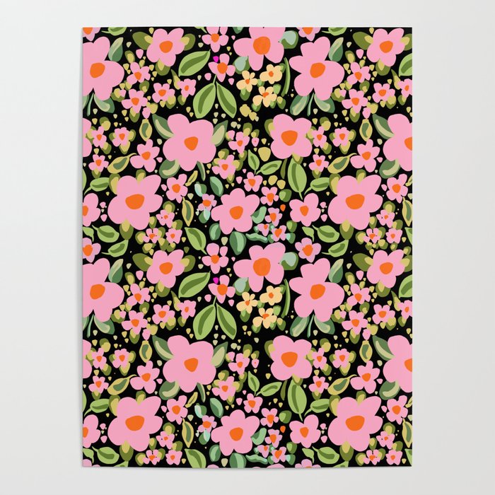 Retro vintage pink daisies pattern  Poster Gallery Image 1