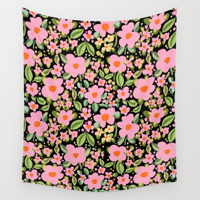 Retro vintage pink daisies pattern  Wall Tapestry Gallery Image 4