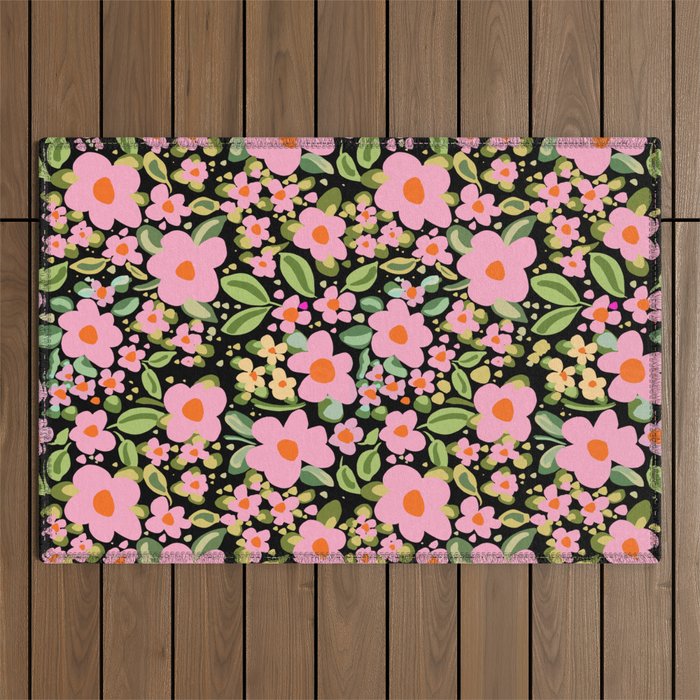 Retro vintage pink daisies pattern  Outdoor Rug Gallery Image 1
