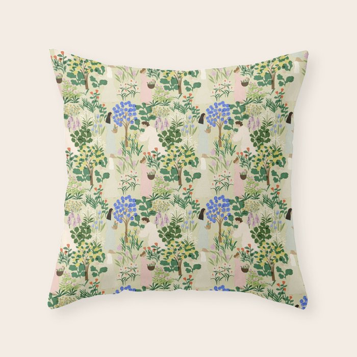 Ladies working in the garden (BEIGE) Throw Pillow Gallery Image 1