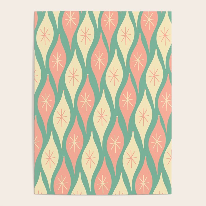 Retro Christmas Ornament Pattern Mint Green Blush Pink Cream Poster Gallery Image 1